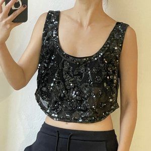Jill Stuart Beaded Sequined Black Sheer Crop Tank Top